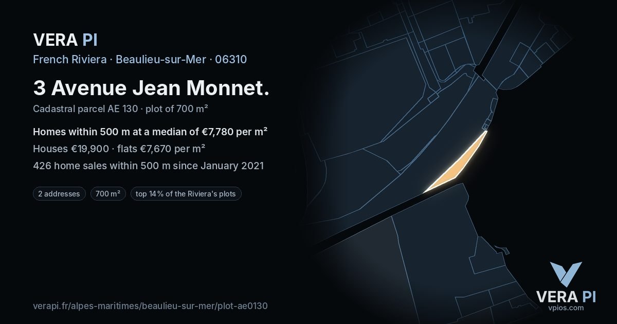 3 Avenue Jean Monnet, Beaulieu-sur-Mer at night – the plot lit, the parcels around coloured by the prices near them