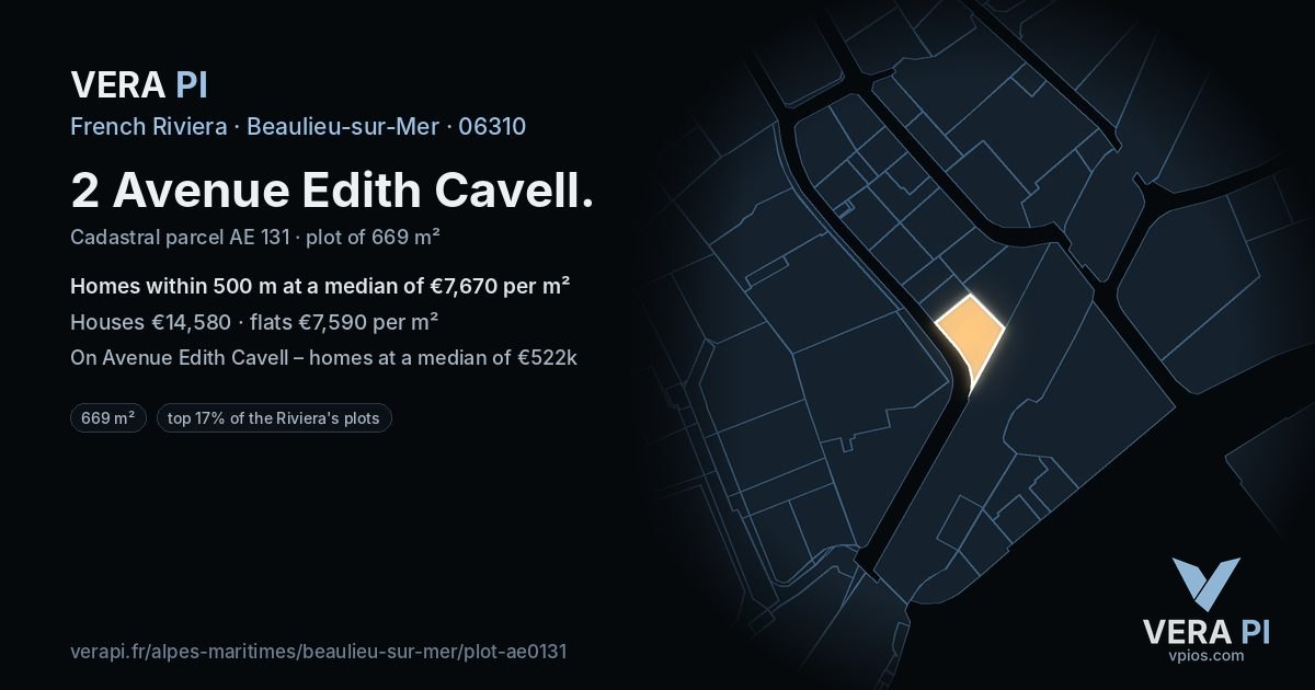 2 Avenue Edith Cavell, Beaulieu-sur-Mer at night – the plot lit, the parcels around coloured by the prices near them