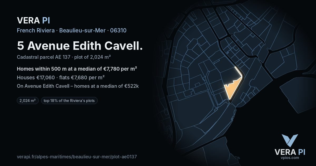 5 Avenue Edith Cavell, Beaulieu-sur-Mer at night – the plot lit, the parcels around coloured by the prices near them