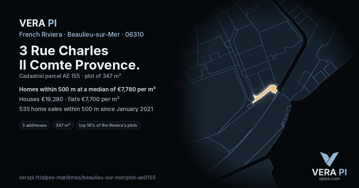 3 Rue Charles II Comte Provence, Beaulieu-sur-Mer at night – the plot lit, the parcels around coloured by the prices near them