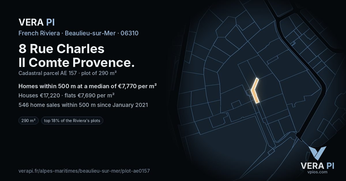 8 Rue Charles II Comte Provence, Beaulieu-sur-Mer at night – the plot lit, the parcels around coloured by the prices near them