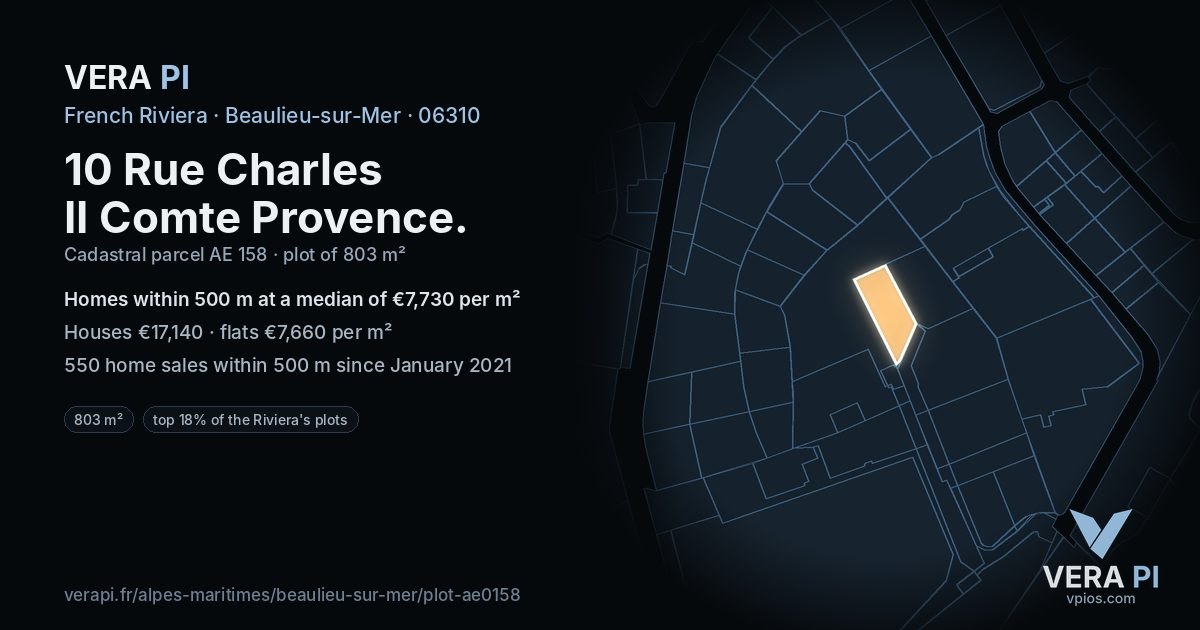 10 Rue Charles II Comte Provence, Beaulieu-sur-Mer at night – the plot lit, the parcels around coloured by the prices near them