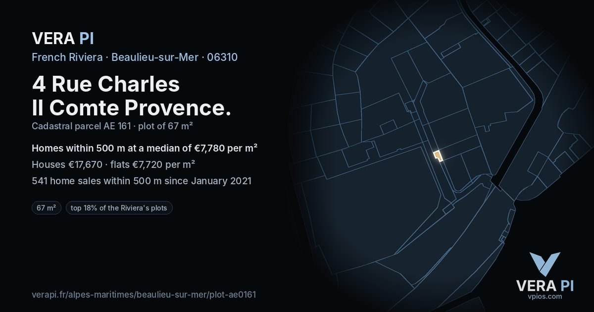 4 Rue Charles II Comte Provence, Beaulieu-sur-Mer at night – the plot lit, the parcels around coloured by the prices near them