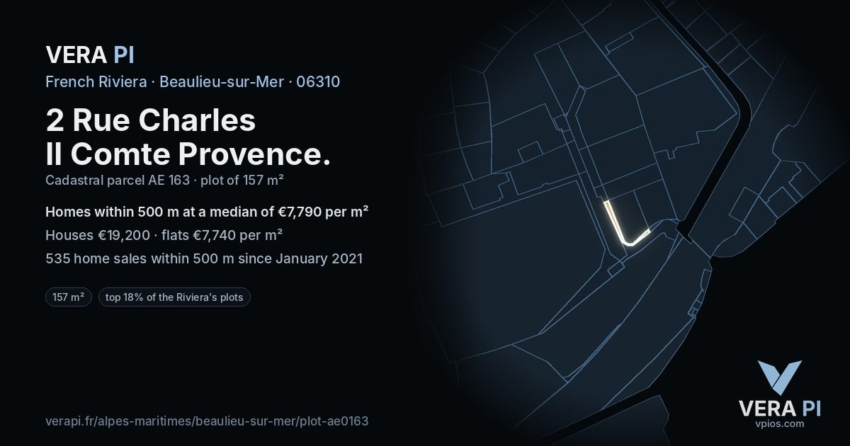 2 Rue Charles II Comte Provence, Beaulieu-sur-Mer at night – the plot lit, the parcels around coloured by the prices near them