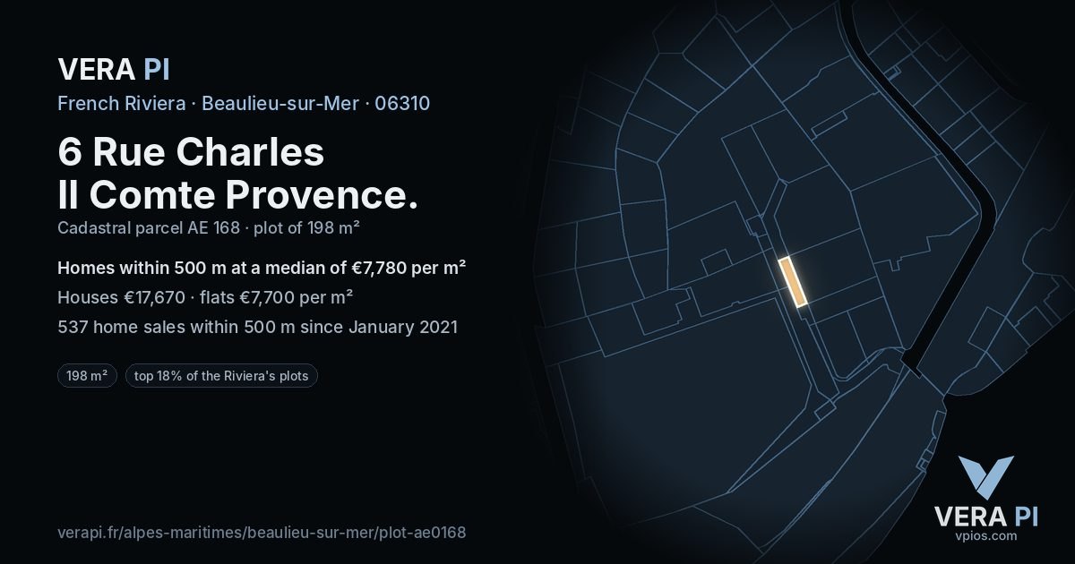 6 Rue Charles II Comte Provence, Beaulieu-sur-Mer at night – the plot lit, the parcels around coloured by the prices near them