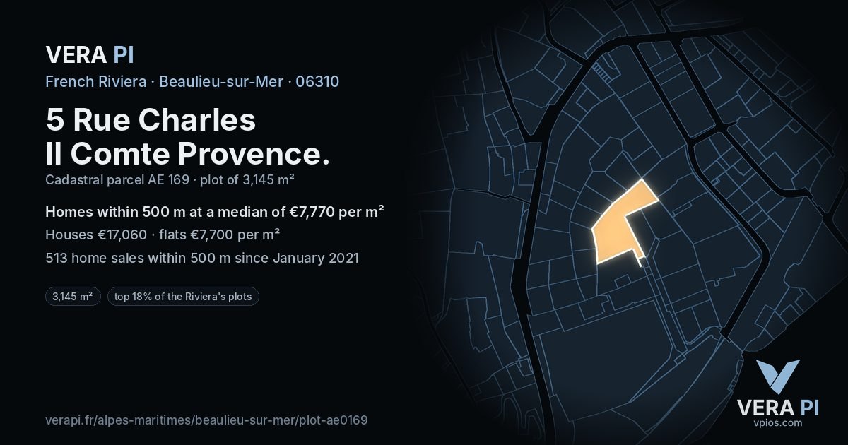 5 Rue Charles II Comte Provence, Beaulieu-sur-Mer at night – the plot lit, the parcels around coloured by the prices near them