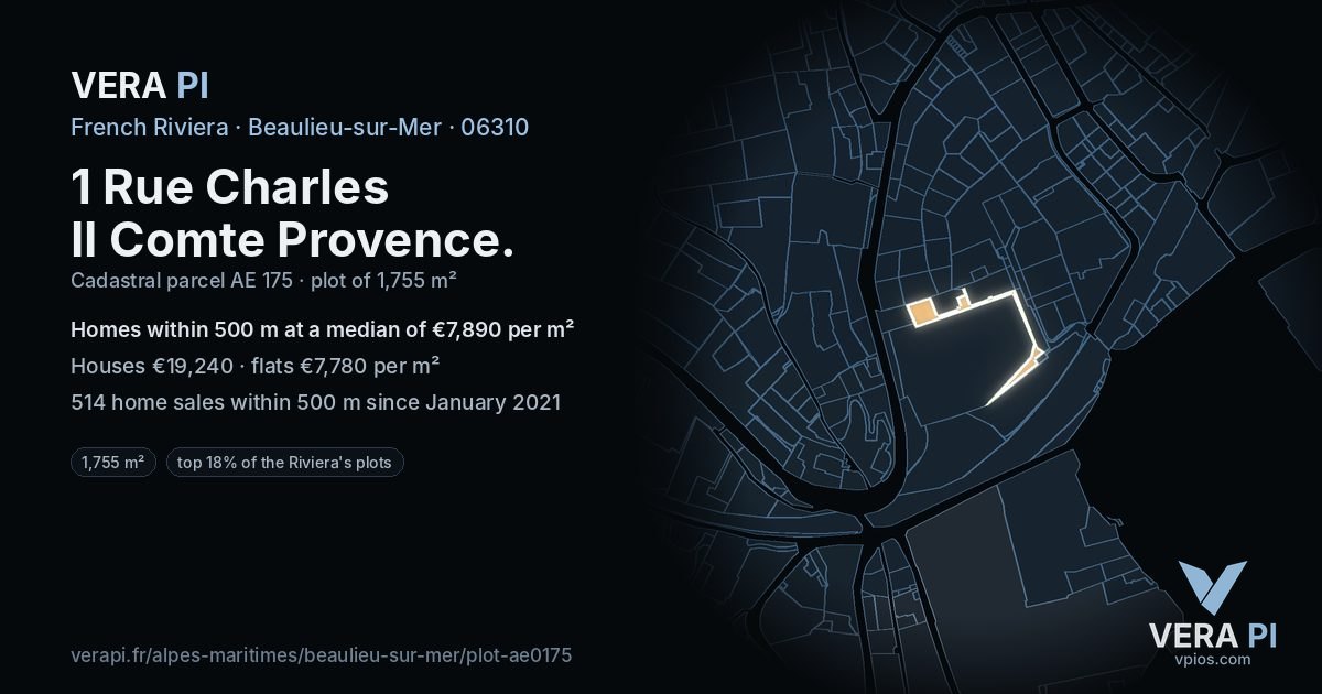 1 Rue Charles II Comte Provence, Beaulieu-sur-Mer at night – the plot lit, the parcels around coloured by the prices near them