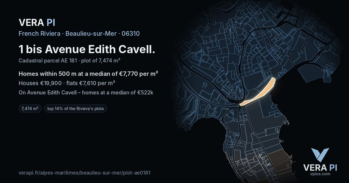 1 bis Avenue Edith Cavell, Beaulieu-sur-Mer at night – the plot lit, the parcels around coloured by the prices near them