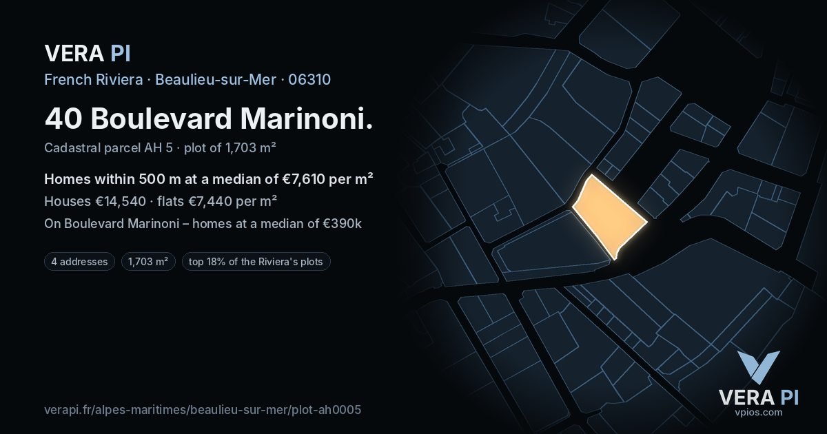 40 Boulevard Marinoni, Beaulieu-sur-Mer at night – the plot lit, the parcels around coloured by the prices near them