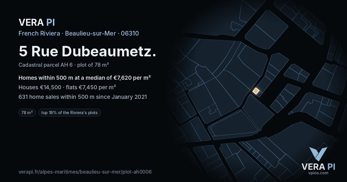 5 Rue Dubeaumetz, Beaulieu-sur-Mer at night – the plot lit, the parcels around coloured by the prices near them