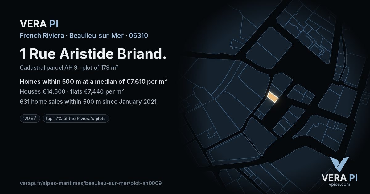 1 Rue Aristide Briand, Beaulieu-sur-Mer at night – the plot lit, the parcels around coloured by the prices near them
