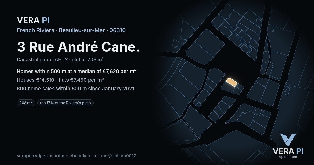 3 Rue André Cane, Beaulieu-sur-Mer at night – the plot lit, the parcels around coloured by the prices near them