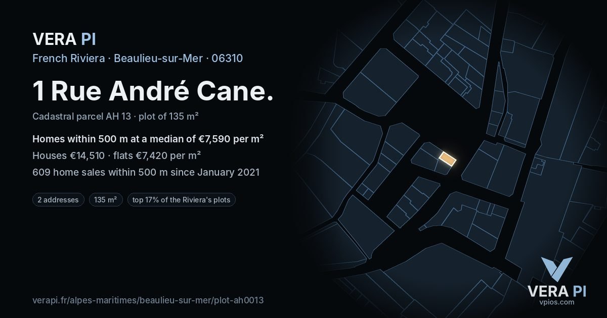 1 Rue André Cane, Beaulieu-sur-Mer at night – the plot lit, the parcels around coloured by the prices near them