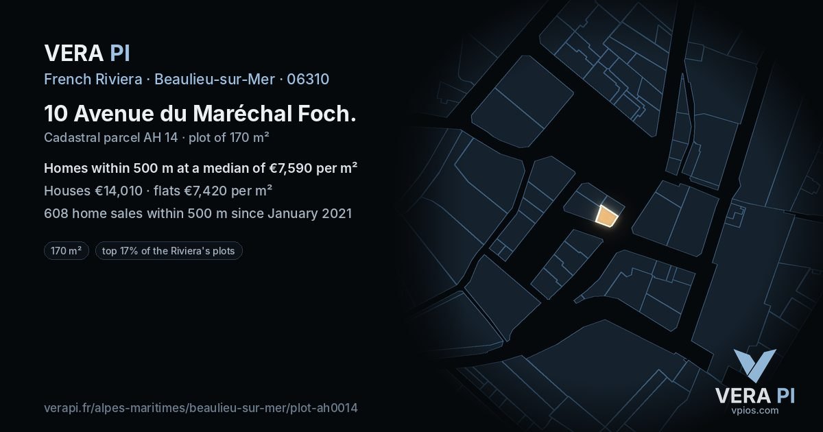 10 Avenue du Maréchal Foch, Beaulieu-sur-Mer at night – the plot lit, the parcels around coloured by the prices near them