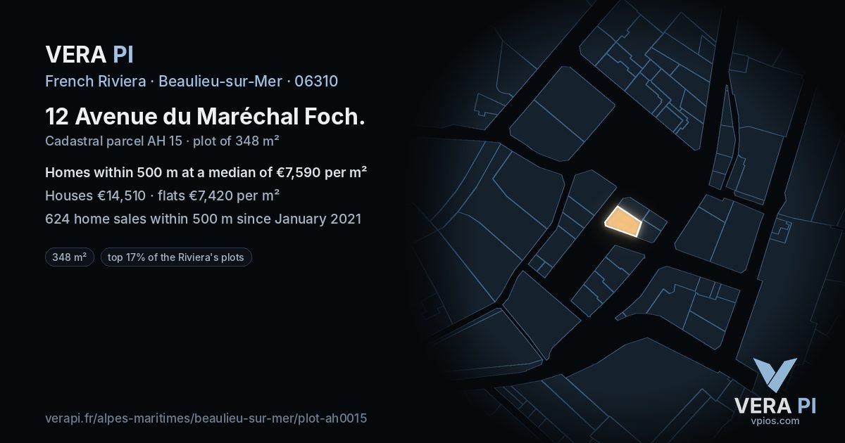 12 Avenue du Maréchal Foch, Beaulieu-sur-Mer at night – the plot lit, the parcels around coloured by the prices near them