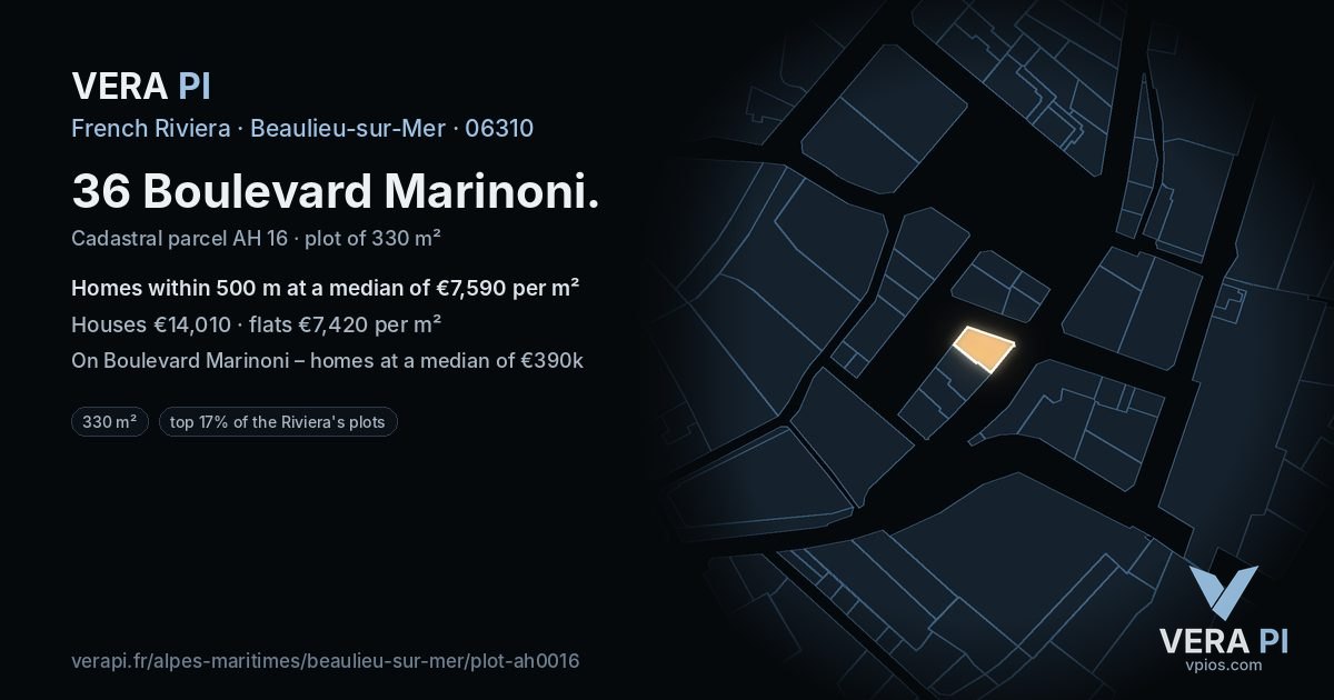 36 Boulevard Marinoni, Beaulieu-sur-Mer at night – the plot lit, the parcels around coloured by the prices near them