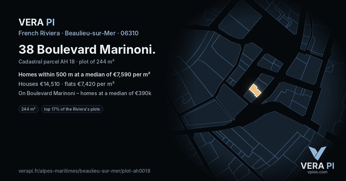 38 Boulevard Marinoni, Beaulieu-sur-Mer at night – the plot lit, the parcels around coloured by the prices near them
