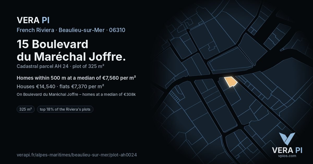 15 Boulevard du Maréchal Joffre, Beaulieu-sur-Mer at night – the plot lit, the parcels around coloured by the prices near them