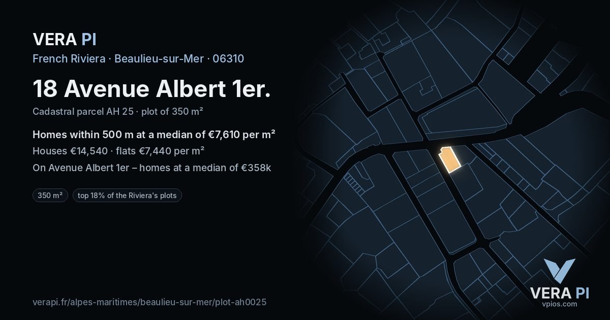 18 Avenue Albert 1er, Beaulieu-sur-Mer at night – the plot lit, the parcels around coloured by the prices near them