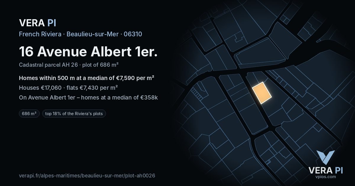 16 Avenue Albert 1er, Beaulieu-sur-Mer at night – the plot lit, the parcels around coloured by the prices near them