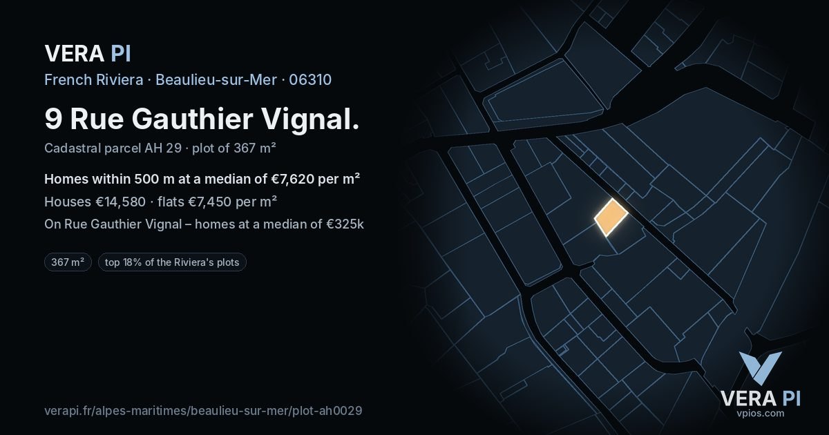 9 Rue Gauthier Vignal, Beaulieu-sur-Mer at night – the plot lit, the parcels around coloured by the prices near them