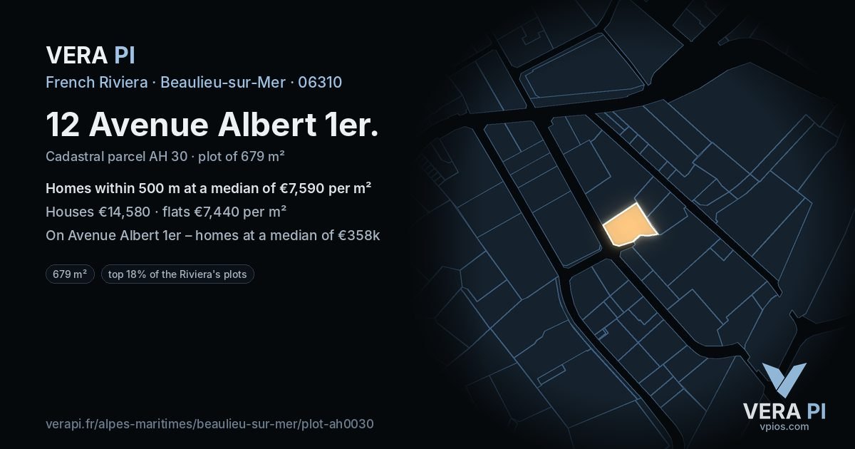 12 Avenue Albert 1er, Beaulieu-sur-Mer at night – the plot lit, the parcels around coloured by the prices near them