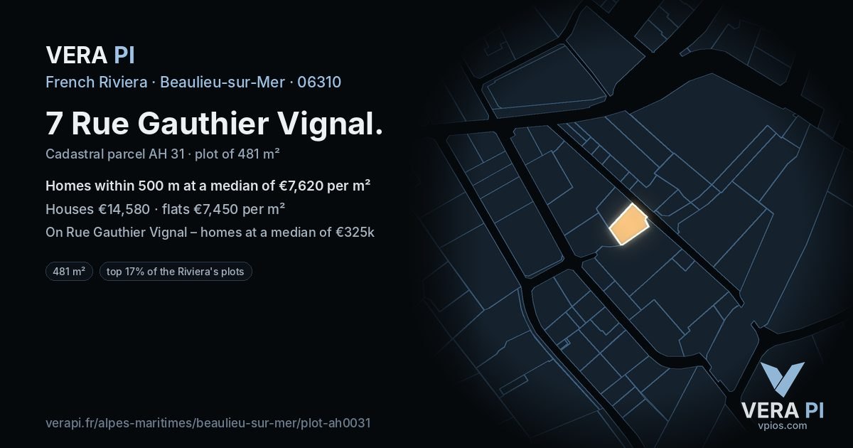 7 Rue Gauthier Vignal, Beaulieu-sur-Mer at night – the plot lit, the parcels around coloured by the prices near them