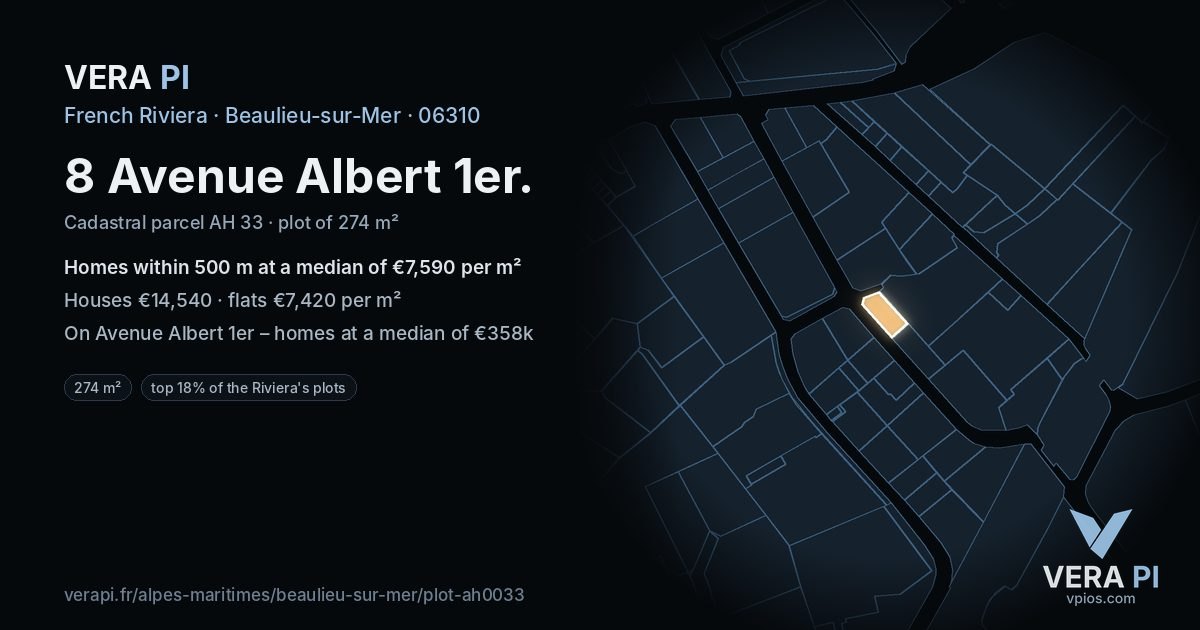 8 Avenue Albert 1er, Beaulieu-sur-Mer at night – the plot lit, the parcels around coloured by the prices near them