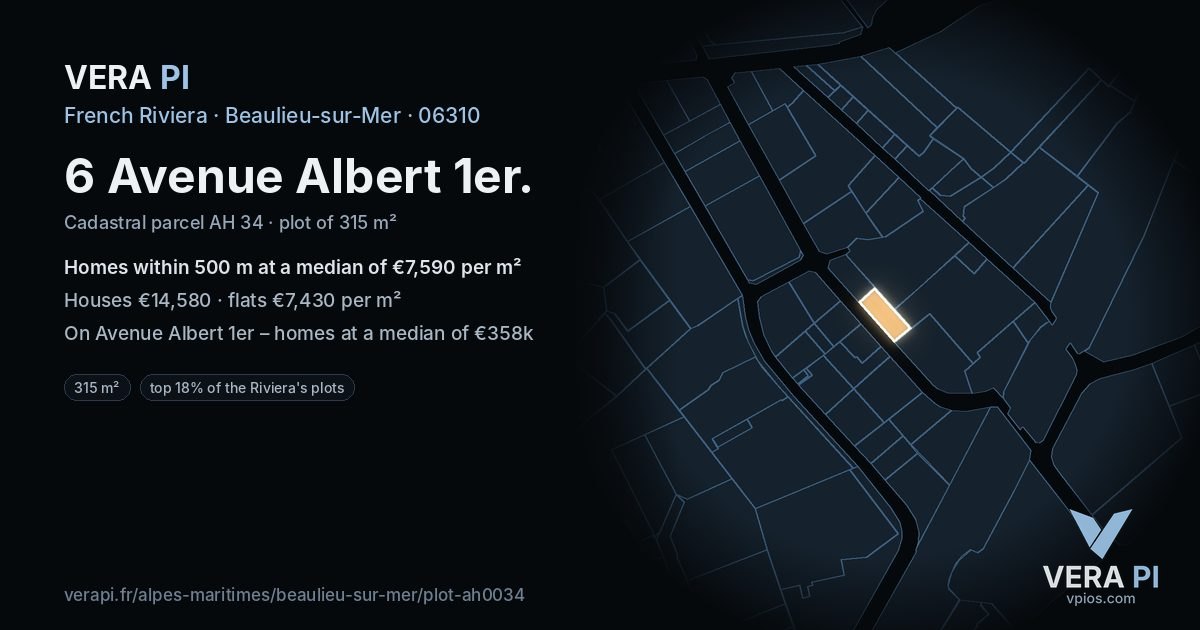 6 Avenue Albert 1er, Beaulieu-sur-Mer at night – the plot lit, the parcels around coloured by the prices near them