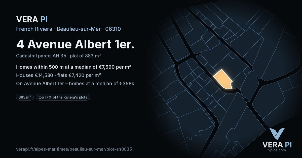 4 Avenue Albert 1er, Beaulieu-sur-Mer at night – the plot lit, the parcels around coloured by the prices near them