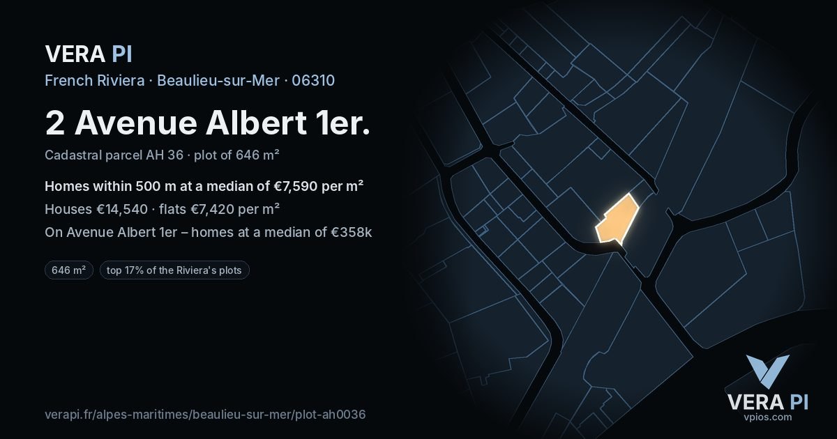 2 Avenue Albert 1er, Beaulieu-sur-Mer at night – the plot lit, the parcels around coloured by the prices near them