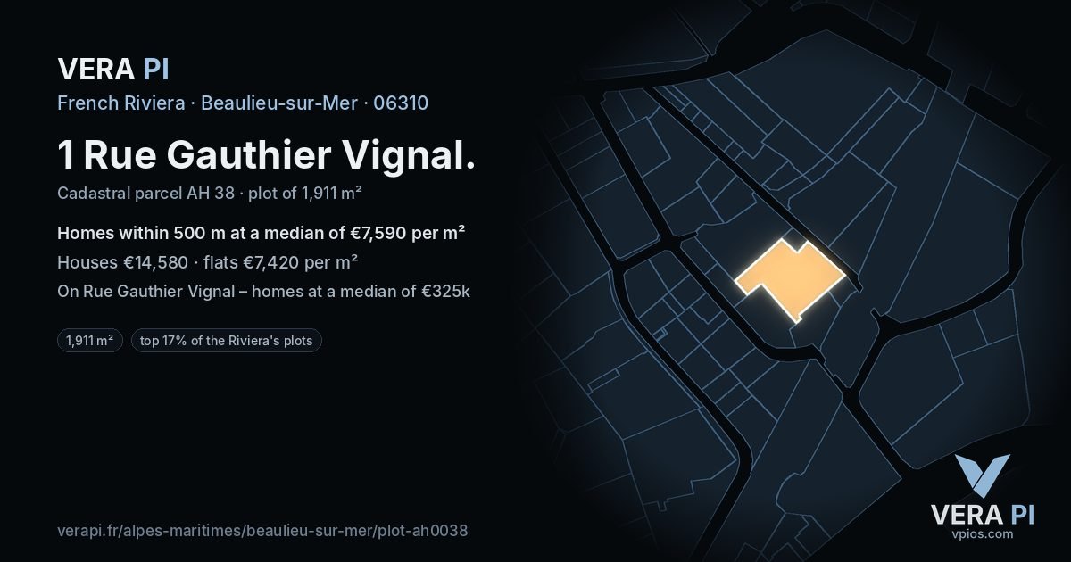 1 Rue Gauthier Vignal, Beaulieu-sur-Mer at night – the plot lit, the parcels around coloured by the prices near them