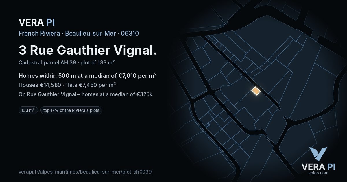 3 Rue Gauthier Vignal, Beaulieu-sur-Mer at night – the plot lit, the parcels around coloured by the prices near them