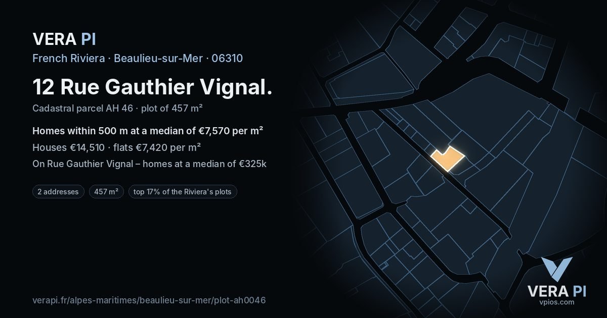 12 Rue Gauthier Vignal, Beaulieu-sur-Mer at night – the plot lit, the parcels around coloured by the prices near them