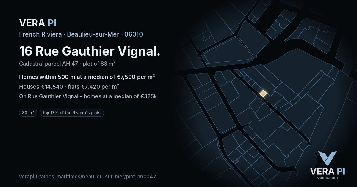 16 Rue Gauthier Vignal, Beaulieu-sur-Mer at night – the plot lit, the parcels around coloured by the prices near them