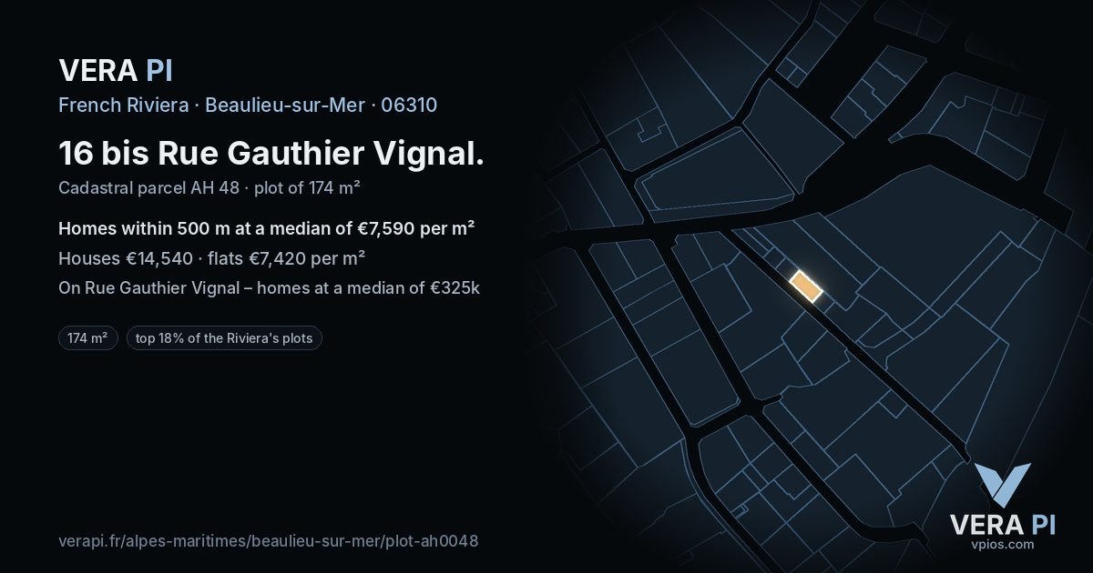16 bis Rue Gauthier Vignal, Beaulieu-sur-Mer at night – the plot lit, the parcels around coloured by the prices near them