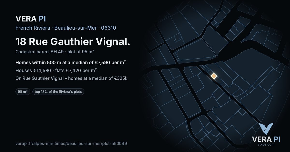 18 Rue Gauthier Vignal, Beaulieu-sur-Mer at night – the plot lit, the parcels around coloured by the prices near them