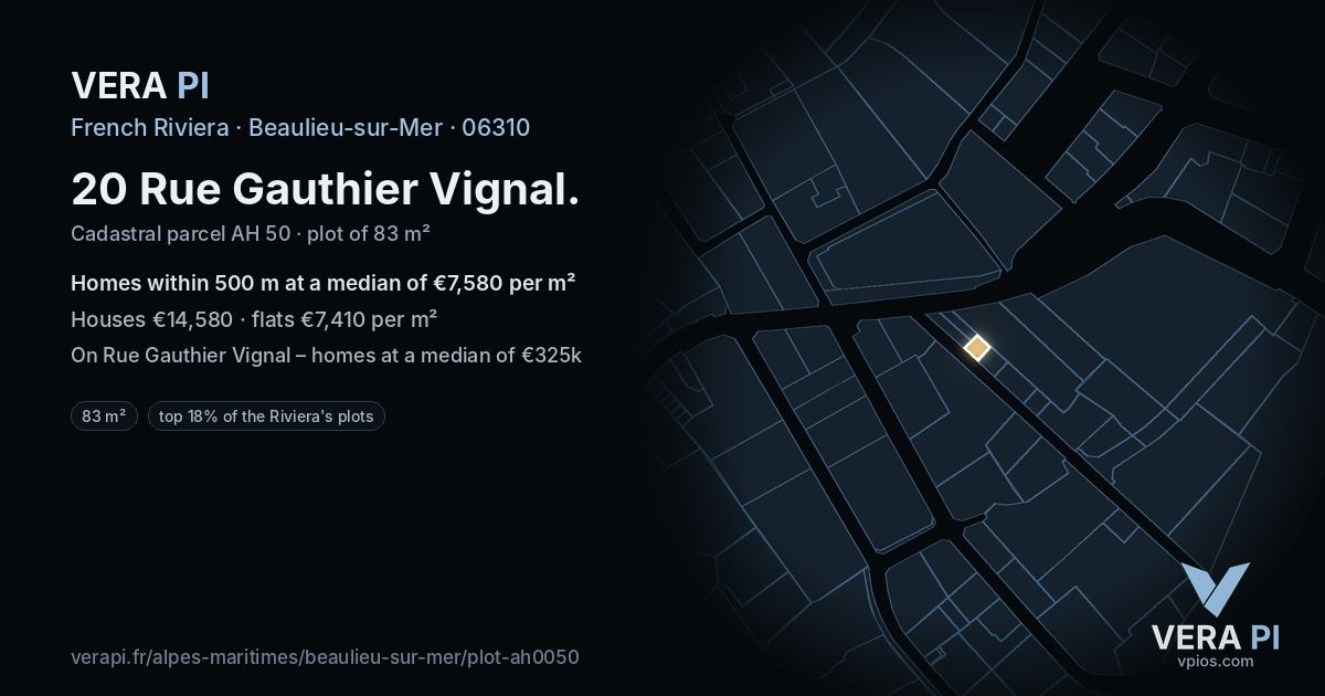 20 Rue Gauthier Vignal, Beaulieu-sur-Mer at night – the plot lit, the parcels around coloured by the prices near them