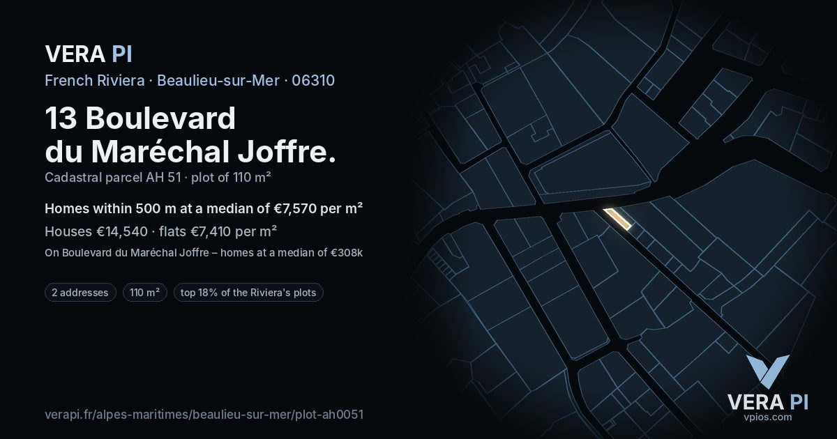 13 Boulevard du Maréchal Joffre, Beaulieu-sur-Mer at night – the plot lit, the parcels around coloured by the prices near them