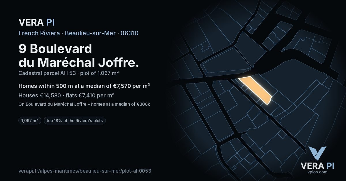 9 Boulevard du Maréchal Joffre, Beaulieu-sur-Mer at night – the plot lit, the parcels around coloured by the prices near them