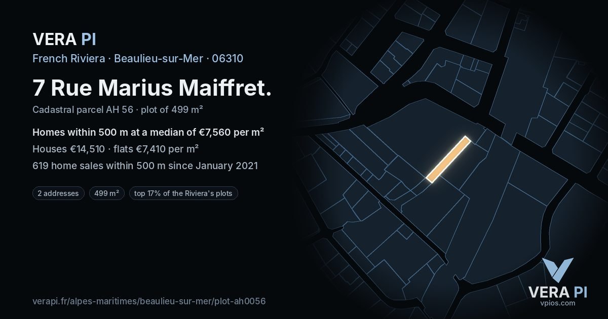7 Rue Marius Maiffret, Beaulieu-sur-Mer at night – the plot lit, the parcels around coloured by the prices near them