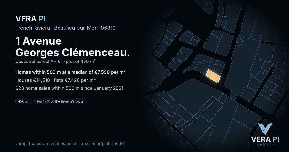 1 Avenue Georges Clémenceau, Beaulieu-sur-Mer at night – the plot lit, the parcels around coloured by the prices near them