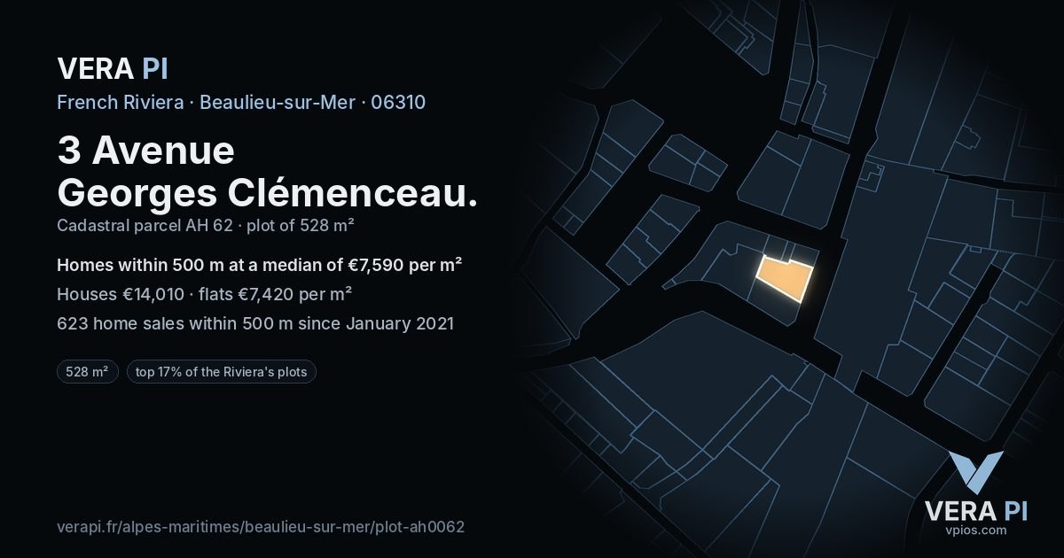 3 Avenue Georges Clémenceau, Beaulieu-sur-Mer at night – the plot lit, the parcels around coloured by the prices near them