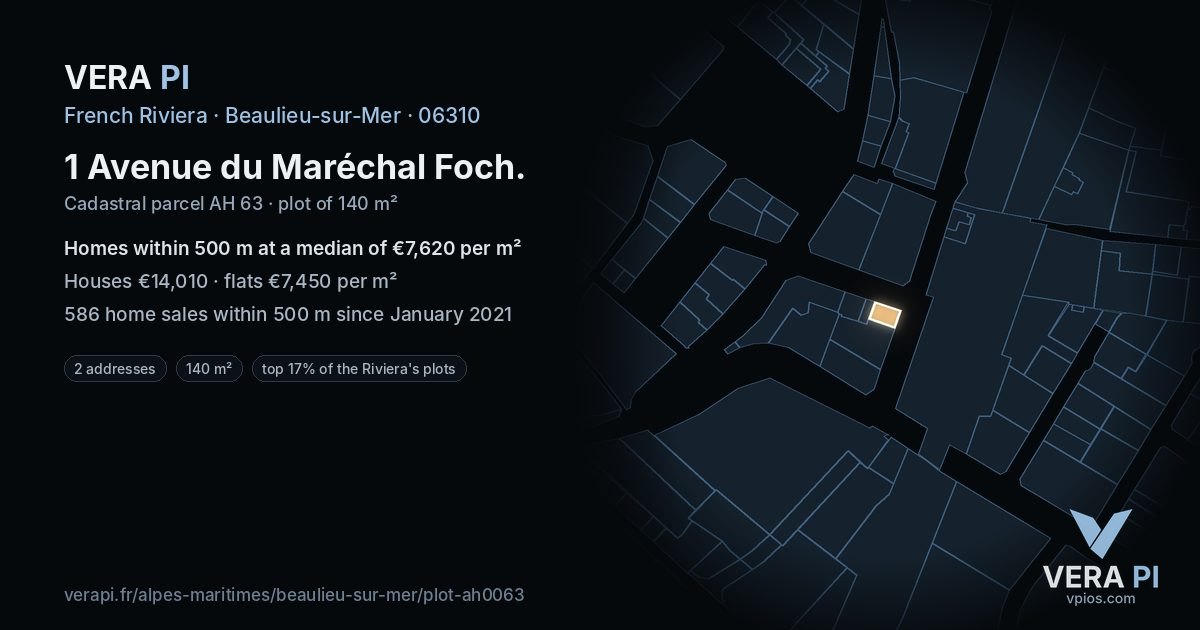 1 Avenue du Maréchal Foch, Beaulieu-sur-Mer at night – the plot lit, the parcels around coloured by the prices near them