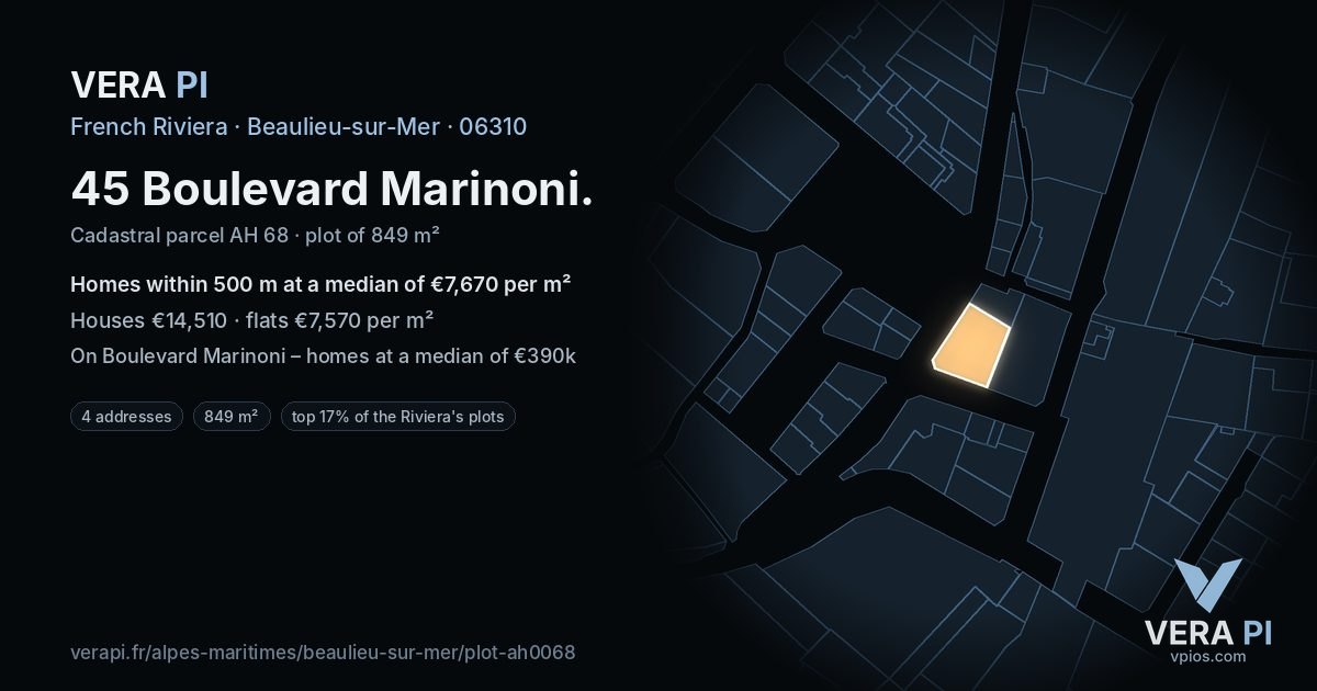 45 Boulevard Marinoni, Beaulieu-sur-Mer at night – the plot lit, the parcels around coloured by the prices near them