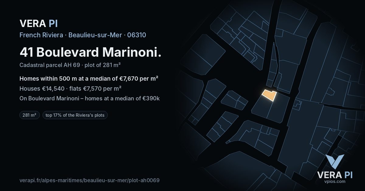 41 Boulevard Marinoni, Beaulieu-sur-Mer at night – the plot lit, the parcels around coloured by the prices near them