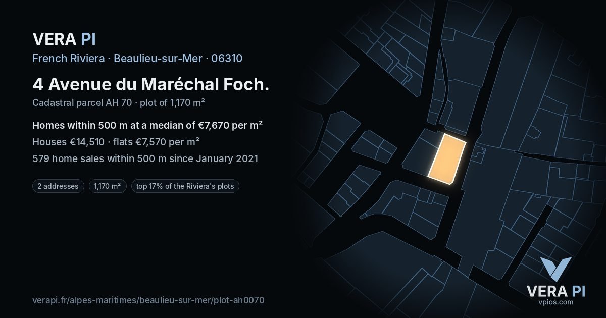 4 Avenue du Maréchal Foch, Beaulieu-sur-Mer at night – the plot lit, the parcels around coloured by the prices near them