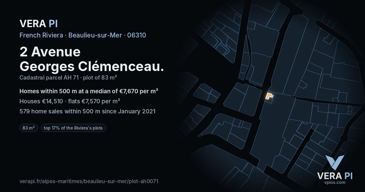 2 Avenue Georges Clémenceau, Beaulieu-sur-Mer at night – the plot lit, the parcels around coloured by the prices near them