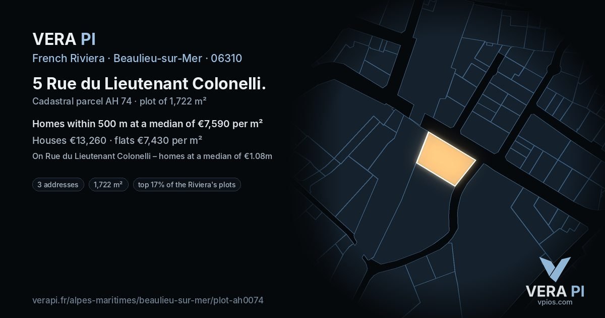 5 Rue du Lieutenant Colonelli, Beaulieu-sur-Mer at night – the plot lit, the parcels around coloured by the prices near them