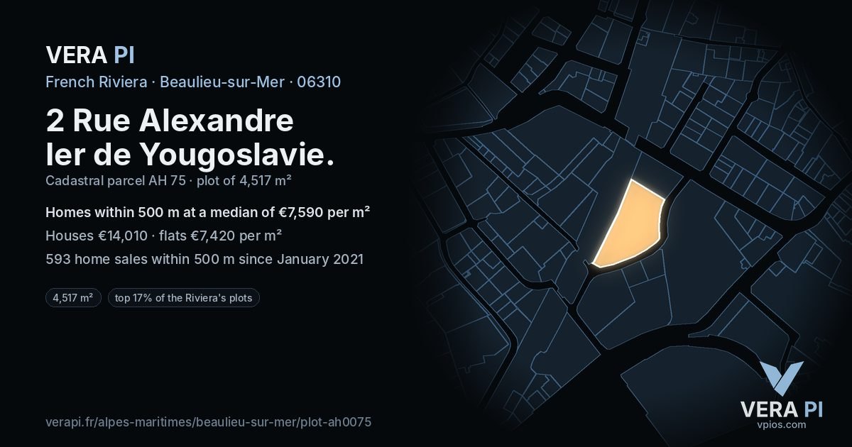 2 Rue Alexandre Ier de Yougoslavie, Beaulieu-sur-Mer at night – the plot lit, the parcels around coloured by the prices near them